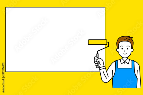 ペイントローラーを持っているエプロン姿の男性とホワイトボード