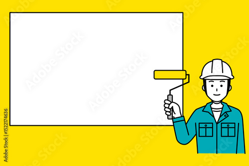 ペイントローラーを持っている塗装業者の男性とホワイトボード