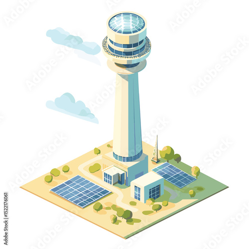 Isometric illustration of a solar power tower with heliostat mirrors reflecting sunlight to generate renewable energy at a modern solar thermal power plant isometric