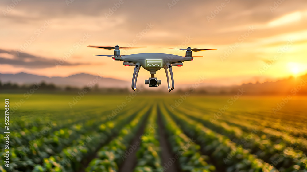 A drone flies over a green agricultural field at sunset, capturing data for modern farming technology. A drone flies over a green agricultural field at sunset, capturing data for modern farming technology.