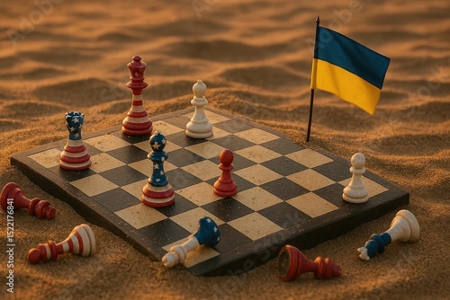 A chessboard partially buried in sand, with scattered chess pieces painted in the colors of the American and Russian flags, some toppled over, the Ukrainian flag planted in the sand next to the board 