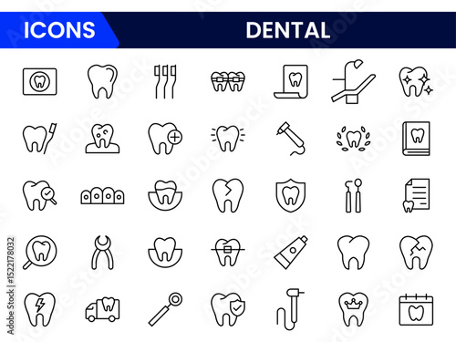 Crisp vector web line icons depicting dental care, tools, oral health, dentistry procedures, and professional dental wellness services.