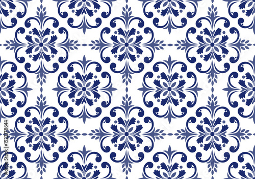 Moroccan Seamless Pattern.Seamless floral tile pattern in Mediterranean style with navy blue elements. Damask.Geometric ornamental light background.  Portuguese, dutch azulejo tile pattern floral.