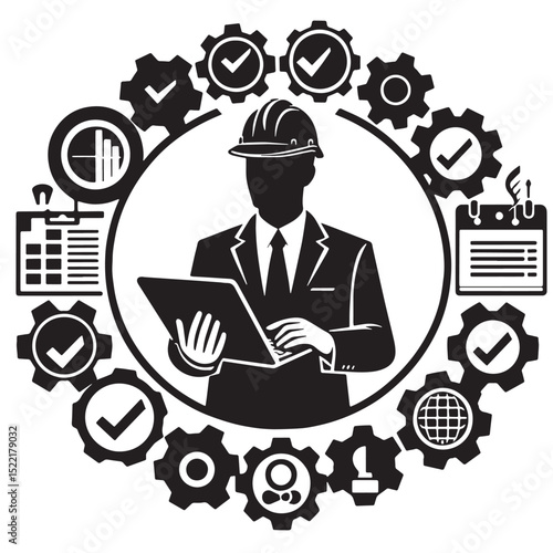 Architect or Engineer with Blueprint and Construction Tools