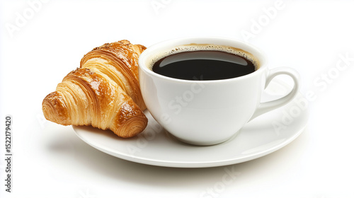 Cup of coffee with a fresh croissant on a white plate for breakfast