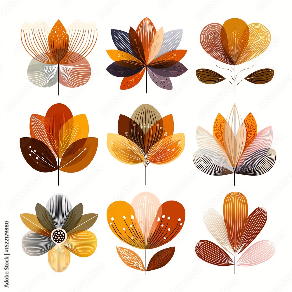 Fototapeta premium Nine Abstract Autumnal Floral Designs in Warm Oranges and Browns