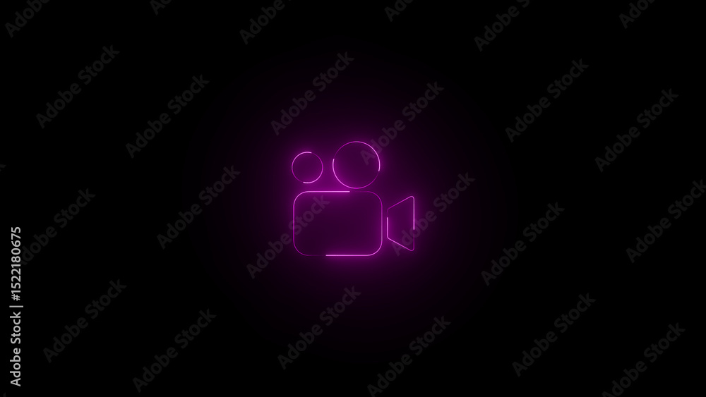 Neon video camera icon on black background broadcast symbol concept. A glowing video camera icon in a dark environment. Neon video camera icon on black background broadcast symbol concept. A glowing video camera icon in a dark environment.