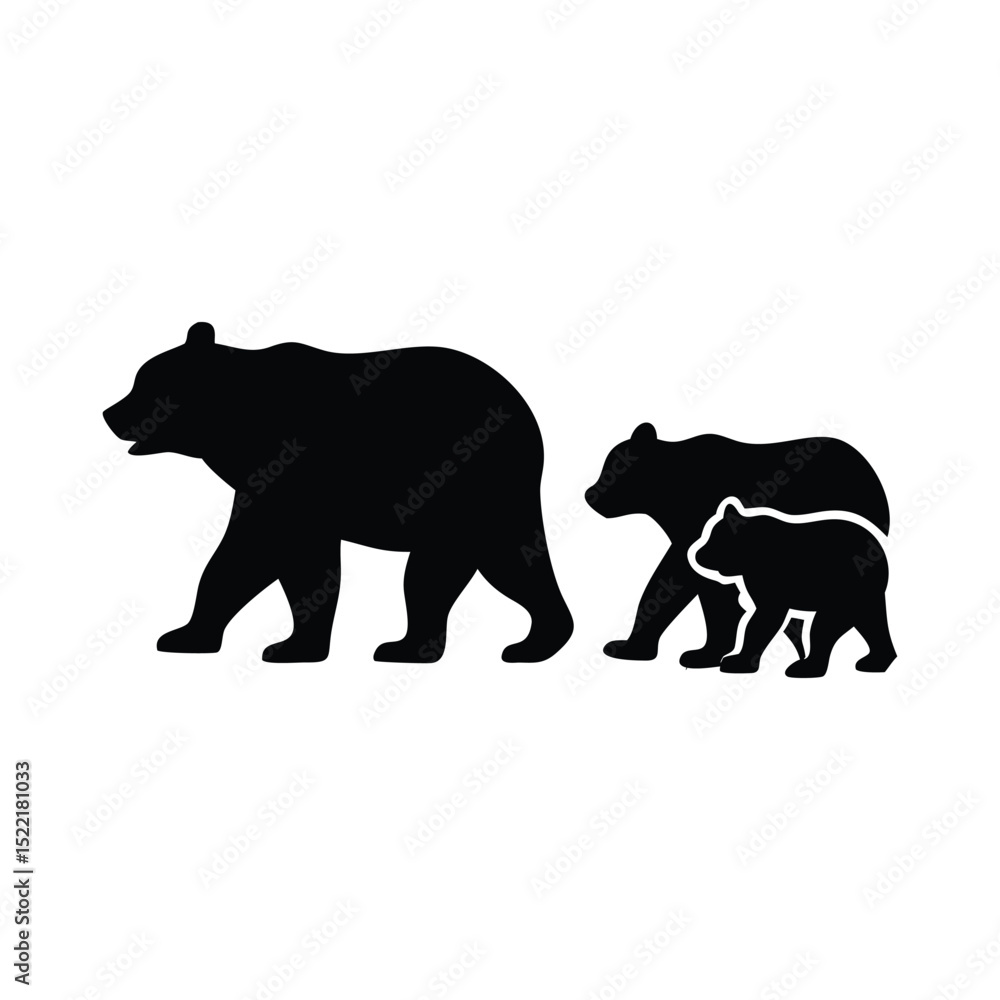 Fototapeta premium Silhouette of mother bear walking with cub, black animal icon isolated on white background symbolizing wildlife and family