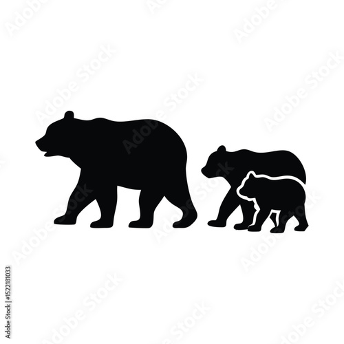 Silhouette of mother bear walking with cub, black animal icon isolated on white background symbolizing wildlife and family
