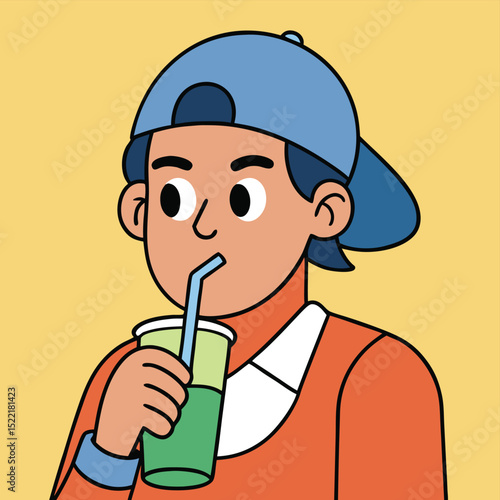 Mid-sip of a drink, a look of pure refreshment and contentment.