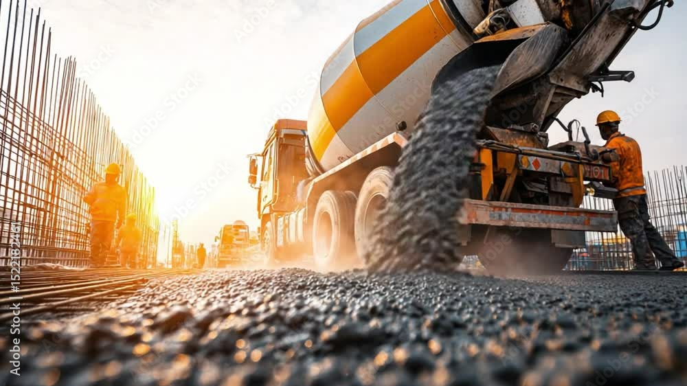 Construction Site at Sunset with Concrete Mixer Trucks and Workers Pouring Fresh Cement on Building Project