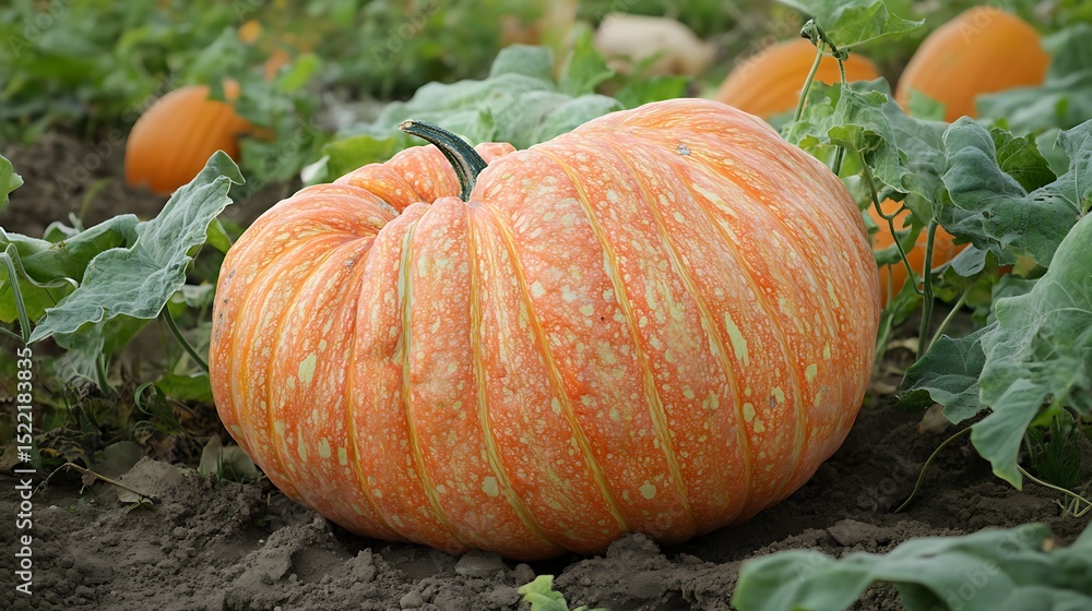 Fototapeta premium Large Striped Pumpkin Growing in a Field with Leaves, Soil, and Other Pumpkins