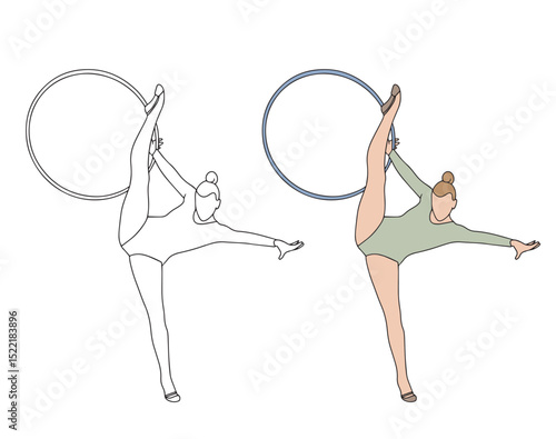 Elegant slim girl with a hoop - rhythmic gymnastics. Black and white and Color illustration in doodle style on a white background. Hand drawn vector. Vector