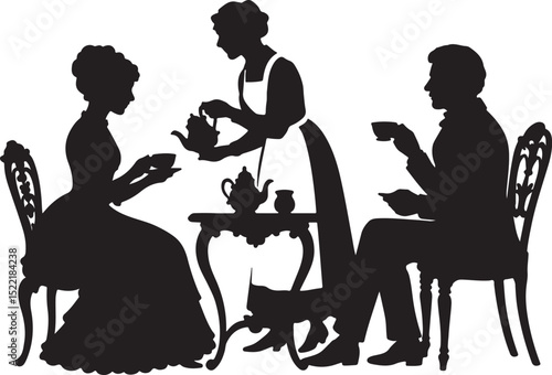 Silhouette of a young couple at a restaurant table, an illustration of people enjoying dinner and coffee