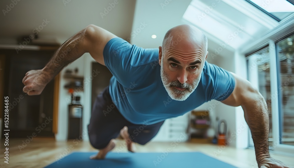 Fototapeta premium Mature man performing a push-up exercise at home.