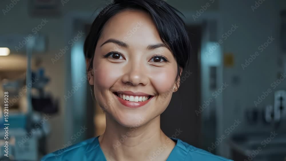 Friendly Asian Female Healthcare Worker Smiling in Hospital Friendly Asian Female Healthcare Worker Smiling in Hospital