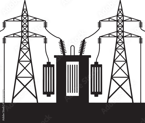 Electricity power transmission substation with high voltage towers.