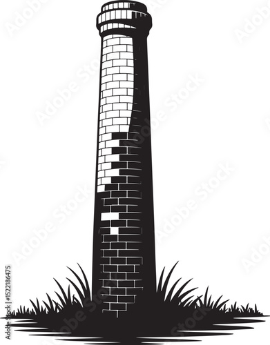 Black and white illustration of a brick chimney tower in grass.