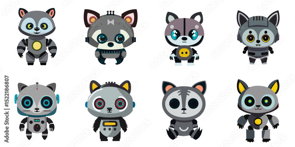 Obraz premium Multiple vector illustrations cute raccoon dog robot