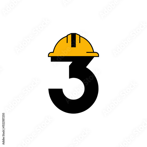 Number 3 Logo with Construction Safety Helmet, Stylized number 3 graphic with a yellow hard hat on top, symbolizing construction, safety awareness, and industrial branding concepts.

