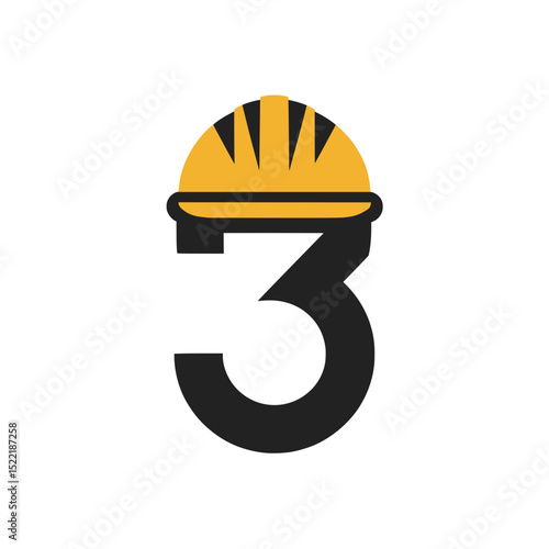 Number 3 Logo with Construction Safety Helmet, Stylized number 3 graphic with a yellow hard hat on top, symbolizing construction, safety awareness, and industrial branding concepts.

