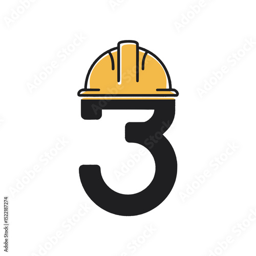 Number 3 Logo with Construction Safety Helmet, Stylized number 3 graphic with a yellow hard hat on top, symbolizing construction, safety awareness, and industrial branding concepts.

