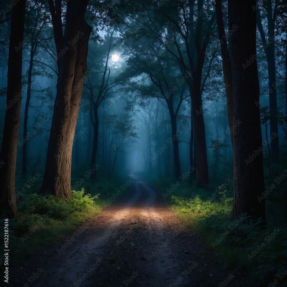Naklejka premium Misty Forest Path in Moonlight