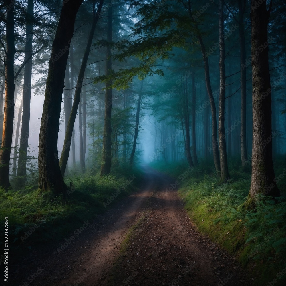 Naklejka premium Misty Forest Path in Moonlight