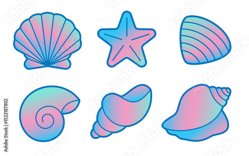 Sea shell colorful icon collection. Clam, starfish, seashell, conch, cockleshell