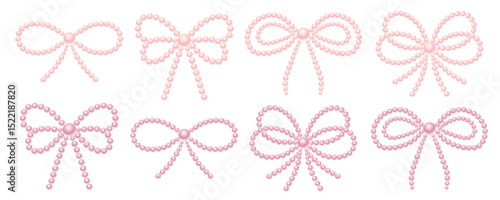 Cute coquette pearl bead bow set. Illustration of pink beads ribbons