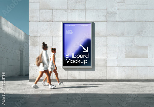 Vertical Billboard Mockup on Urban Stone Wall with People Walking