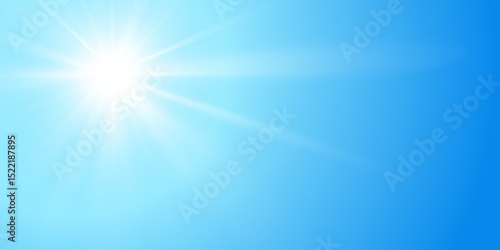 Sun in sky vector realistic background. Summer illustration with blue clear sky and sunlight with sunshine glare rays.