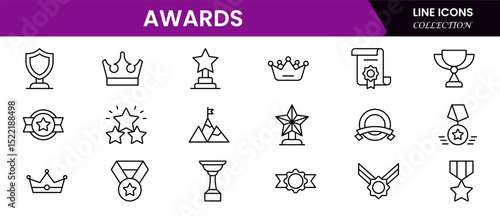 Elegant vector web line icons showcasing awards, trophies, recognition, achievement, and celebratory moments of excellence and success.