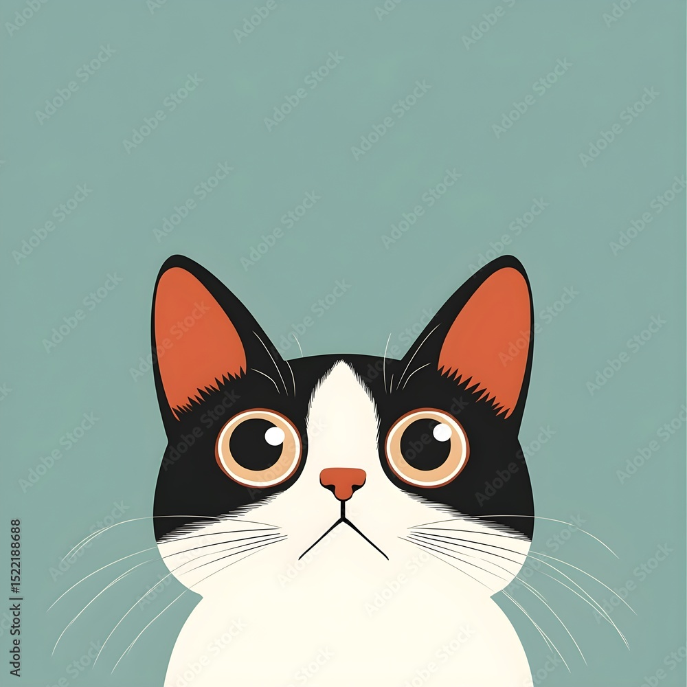 A whimsical illustration of a cat with large eyes, set against a soft teal background. feline mischief concept A whimsical illustration of a cat with large eyes, set against a soft teal background. feline mischief concept