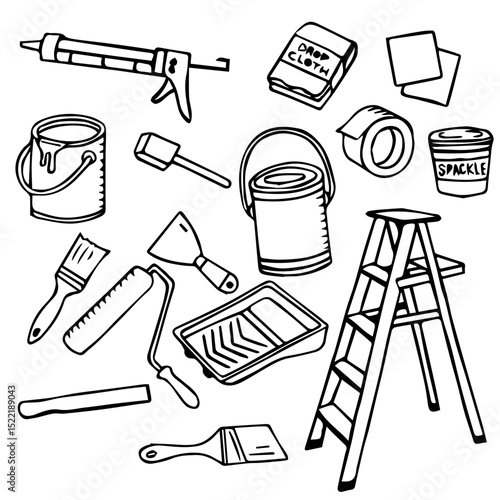 "Line Art Set of Painting and Home Improvement Tools: Bucket, Brushes, Roller, Ladder, Caulk Gun"