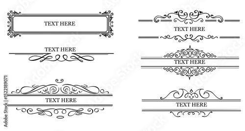 "Elegant Text Dividers and Frames: A Set of 6 Ornate Black and White Design Elements with 'TEXT HERE'"