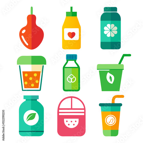Colorful graphic icons of juice, medicine, and cosmetic packaging