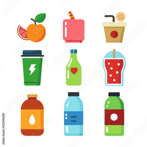 Collection of nine colorful stylized drink icons on white