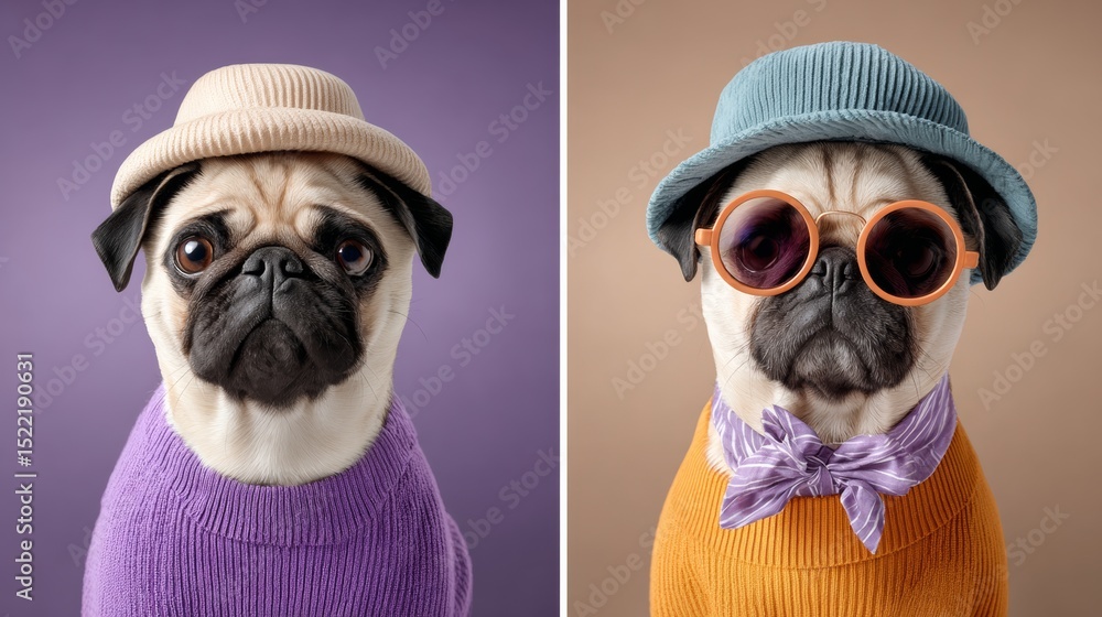 Fototapeta premium Two pugs wearing sunglasses and hats, one wearing a purple sweater and the other wearing an orange sweater
