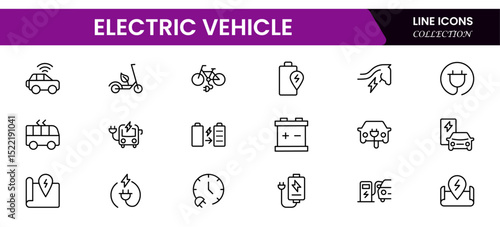 Sleek vector web line icons showcasing electric vehicles, charging stations, eco-friendly transport, and sustainable automotive innovation.