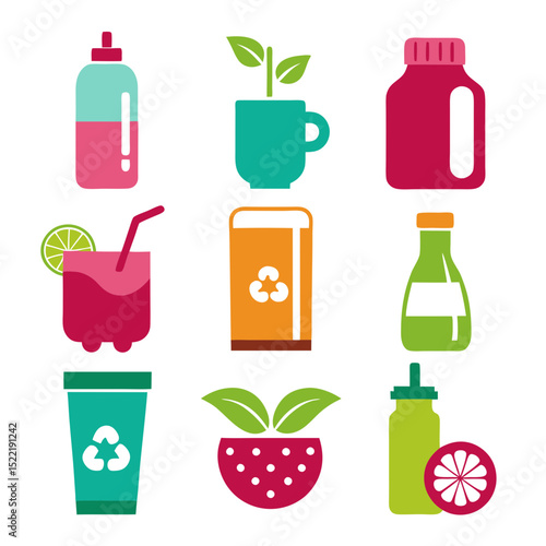 Colorful flat illustration showcasing diverse drink containers with fresh elements