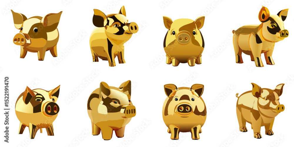 Fototapeta premium Multiple vector illustrations golden pig