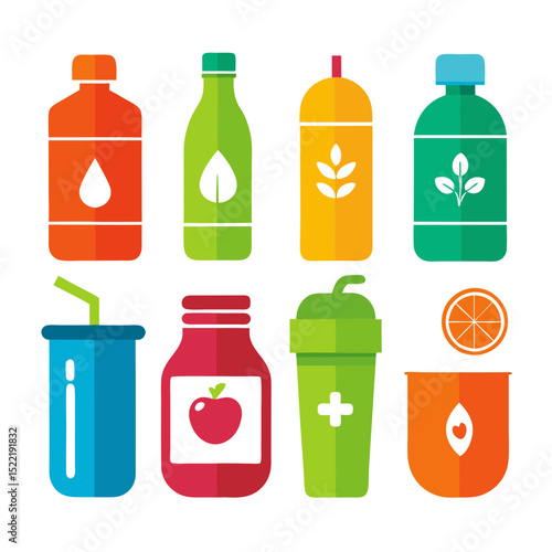Assorted beverages bottles and glasses in flat vector style