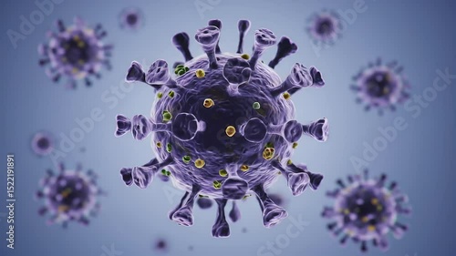 Microscopic view of coronavirus cells rotating slowly on a blue background, with other cells floating around, New variant simulating.