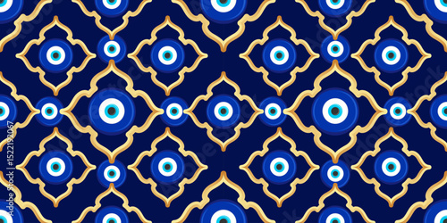 Evil eye Greek seamless pattern. Vector background with blue beads. Turkish nazar - ethnic symbol of protection energy and luck. Mystic amulet with golden ornament. Cute Arabic design