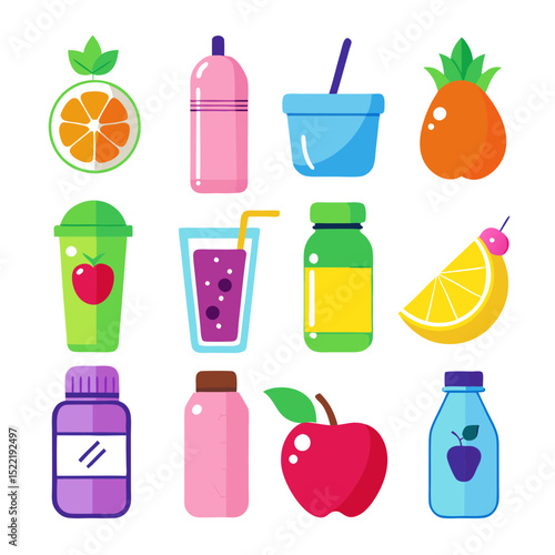 Colorful fruits and drinks arrangement for healthy lifestyle concept