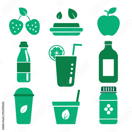Green healthy drink icons vector set on white background