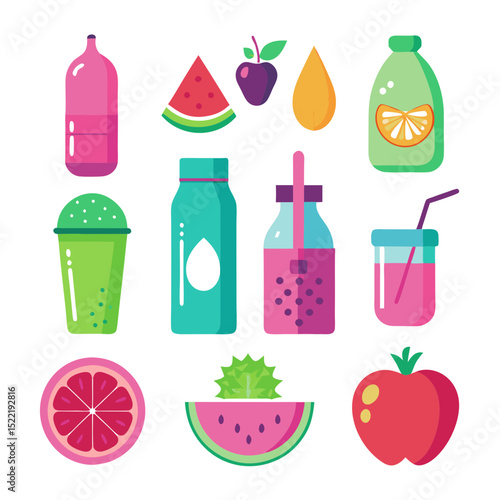 Vibrant flat design illustration of assorted fresh fruit drinks