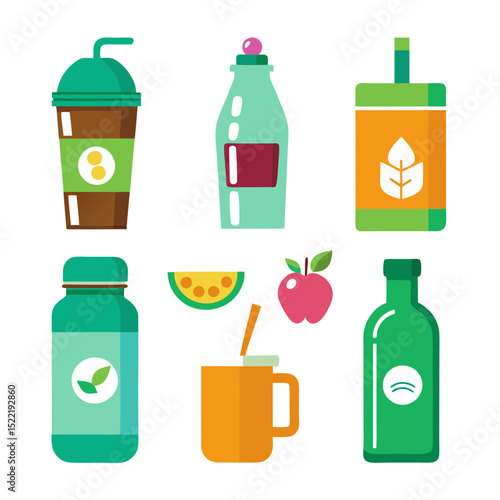 Flat design vector illustration of various healthy drinks and fruits