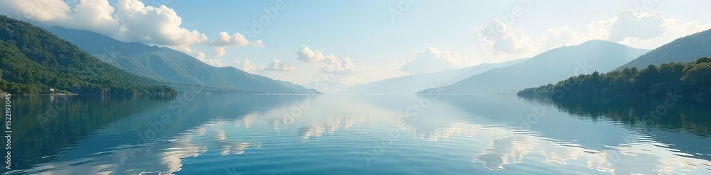 Fototapeta premium Serene lakeside scene with calm water reflecting tranquil sky, perfect for relaxation and escape Ideal for travel, vacation, or wellness themes , zen, picturesque, natural beauty